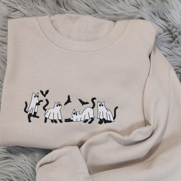 Halloween Ghost Cat Sweatshirt Cotton Fall Spooky Season Fun Unisex - Picture 3 of 6